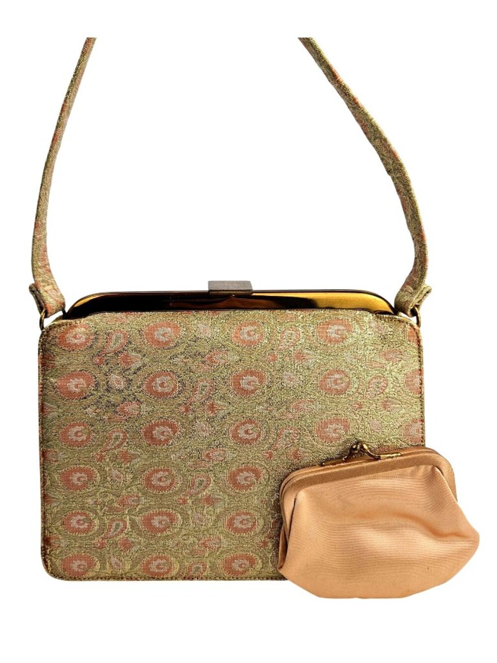 Vintage Morris Moskowitz Evening Bag Handbag Purse Brocade Gold Pink W/ Coin Pur